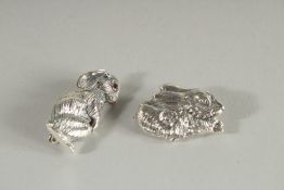 TWO SILVER RABBIT BROOCHES.