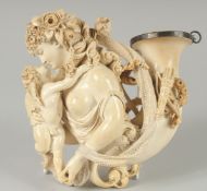 A SUPERB MUSEUM QUALITY CARVED WHITE MEERSCHAUM CHEROOT HOLDER, as a CORNUCOPIA with a classical