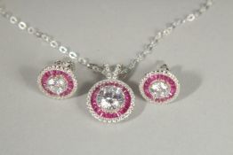 A PAIR OF SILVER AND ZIRCONIA CLUSTER EARRINGS, PENDANT AND CHAIN.