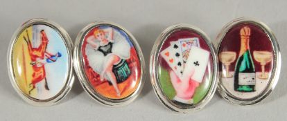 A SET OF SILVER ENAMEL FOUR VICES CUFF LINKS.