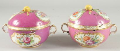 A PAIR OF VIENNA CIRCULAR TWO HANDLED BOWLS AND COVERS.