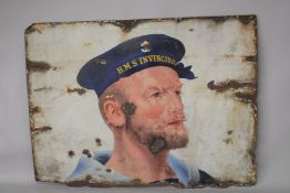 A GOOD H.M.S INVINCIBLE TIN SIGN with a sailor. 24ins x 36ins.