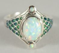 A SILVER OPAL AND ENAMEL RING.