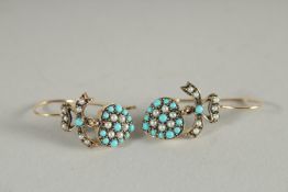 A 9CT GOLD PAIR OF TURQUOISE AND PEARL EARRINGS.