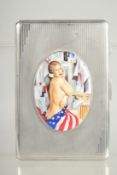 AN ENGINE TURNED SILVER CIGARETTE CASE with an oval of a glamour model. 5ins x 3.25ins.