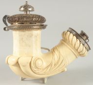 A SUPERB MEERSCHAUM SILVER MOUNTED PIPE CARVED AS A CORNUCOPIA with silver mounts and filegree