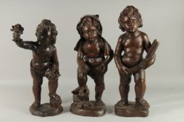 A SET OF THREE 18TH - 19TH CENTURY CARVED WOOD CUPIDS,depicting 'THE SEASONS'. 22ins high.