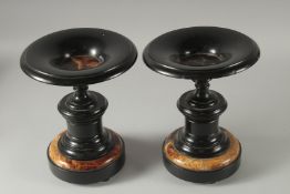 A GOOD PAIR OF 19TH CENTURY MARBLE AND FELSPAR CIRCULAR TAZZAS. 11ins high.