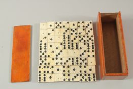 A SET OF BONE DOMINOES in a box.