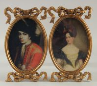 A PAIR OF OVAL GILT FRAMED PORTRAITS.