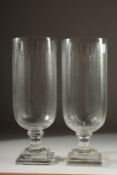 A PAIR OF FERN CUT GLASS STORM LAMPS on square bases. 15ins high.