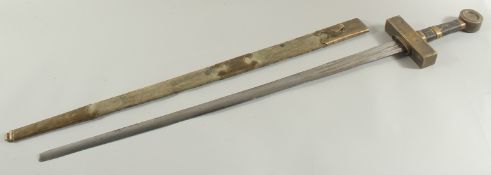 A GERMAN SWORD in a leather scabbard with brass pommel. Inventory No. 10.282. 44ins long.