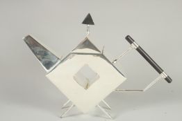 A LARGE CHRISTOPHER DRESSER DESIGN, SILVER PLATED, TEA POT with a hole.