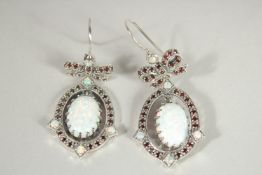 A PAIR OF SILVER OPAL AND GARNET DROP EARRINGS.