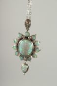 A GOOD SILVER OPAL SET PENDANT AND CHAIN.