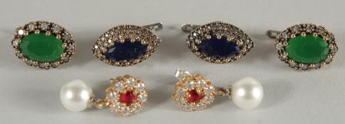 THREE PAIRS OF GEM SET EARRINGS.