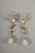 A GOOD PAIR OF 9CT GOLD AND DIAMOND DROP EARRINGS.