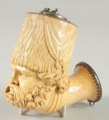 A SUPERB CARVED MEERSCHAUM PIPE CARVED AS A COSSACK with moustache and beard with hat, with silver