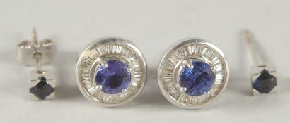 TWO PAIRS OF EARRING STUDS with sapphires and diamonds.