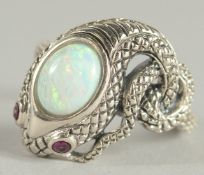 A SILVER SNAIL RING with ruby eyes.