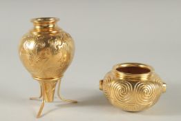 A PAIR OF LALAOUNIS SILVER GILT INSCENCE POTS, STANDS AND BOX.