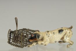 A GOOD SMALL AUSTRIAN BERGMAN COLD PAINTED BRONZE DOG Attacking a rat in a cage. 4.5ins long.
