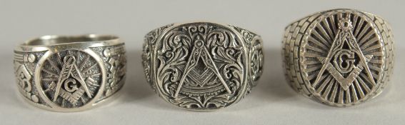 THREE SILVER GENTLEMAN'S MASONIC RINGS