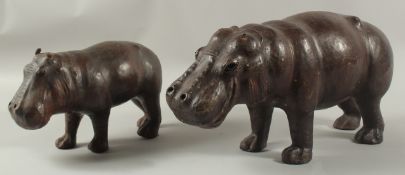 A GOOD LEATHER HIPPO 18ins x 12ins, possibly LIBERTY. and A SMALLER HIPPO (2).