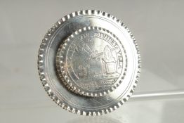 A CONTINENTAL SILVER CIRCULAR BOX engraved NEC ME VIS DNIDET VELA. 3.25ins diameter.
