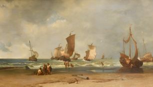 Francois Louis Thomas Francia (1772-1839) French, figures and boats on a beach under changing skies,