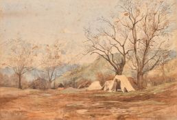 Circa 1893, a view of camps in a Continental alpine valley, inscribed verso 'Carbiniere Marche