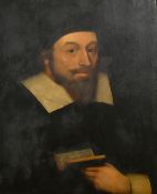 English School, a portrait of a cleric in 17th Century dress holding a book of psalms, oil on panel,