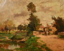Maurice Levis (1860-1940), figures on a horse and cart in a French village, oil on board, signed,