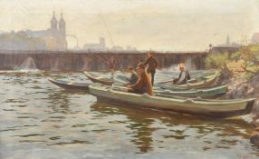 P. Gregoire (20th Century) Men in boats fishing, fishing on the Seine, oil on canvas, signed, 17.75