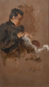 Paul Paul (1865-1937), a study of a figure knitting, oil on board, signed, 8.5