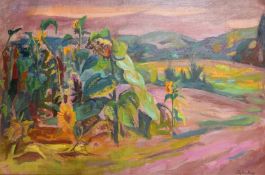 Phyllis Bray (1911-1991) British, Sunflowers at the edge of a field, oil on canvas, signed, 24