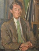 20th Century, Portrait of a seated man wearing a green tie, oil on canvas board, 20