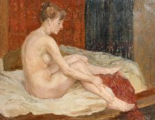 Alastair Flattely (1922-2009), study of a female nude on a bed with a female nude verso, oil on