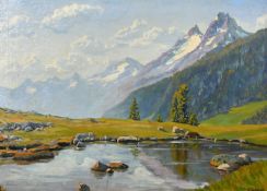 K. Schalchll (early 20th Century) An extensive mountain landscape with a rocky pool of water, oil on