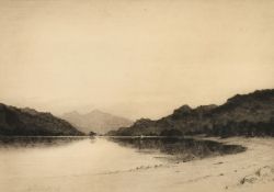 Richard Smythe, A lake scene with mountains beyond, etching, signed in pencil, 8.25