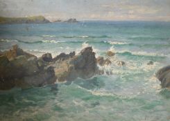 Attributed to William Edwards Croxford (1852-1926), a sketch of waves breaking over rocks, oil on