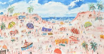 Simeon Stafford (b. 1956), figures on a beach with palm trees, oil on board, signed, 24