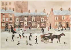 Helen Bradley (1900-1979), figures on a street in the snow, print in colours, signed in pencil and