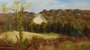 Modern British, A view across fields to a chalk pit, oil on card, monogrammed, 9.5