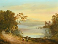 20th Century School, figures conversing by a mountain lake with castle ruins and sailboats beyond,