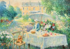 Jos Pauwels (20th Century), a female figure and a teddy in a garden, oil on canvas, signed, 20