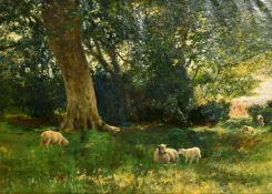 Late 19th Century English School, sheep grazing in a woodland glen, oil on canvas, remnants of an
