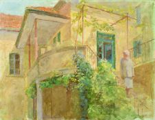 Fred Dubery (1926-2011), a female figure walking down the steps of a Continental building, oil on