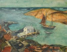 Mid 20th Century American School, A sloop in an inlet by a boathouse, oil on canvas board, 14