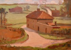 John Brown (20th Century), House and farm buildings along a track, oil on board, initialled, 10